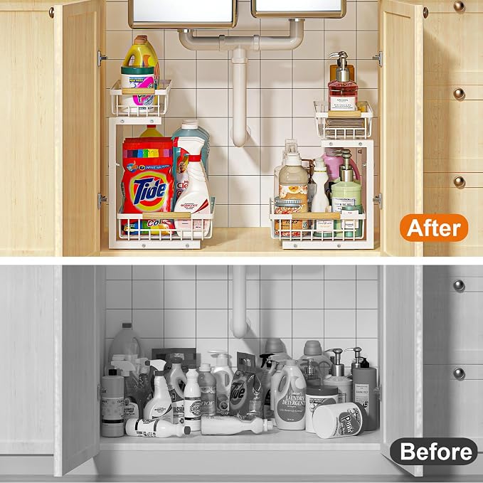REALINN Under Sink Organizer, Height Adjustable Under Sink Organizers and Storage, 2 Tier Pull Out Drawer Cabinet Storage for Kitchen Bathroom, 1 Pack, White | cabinet organizer, 5 level adjustable, quiet sliding rails, dual suction and nano tape, no d...