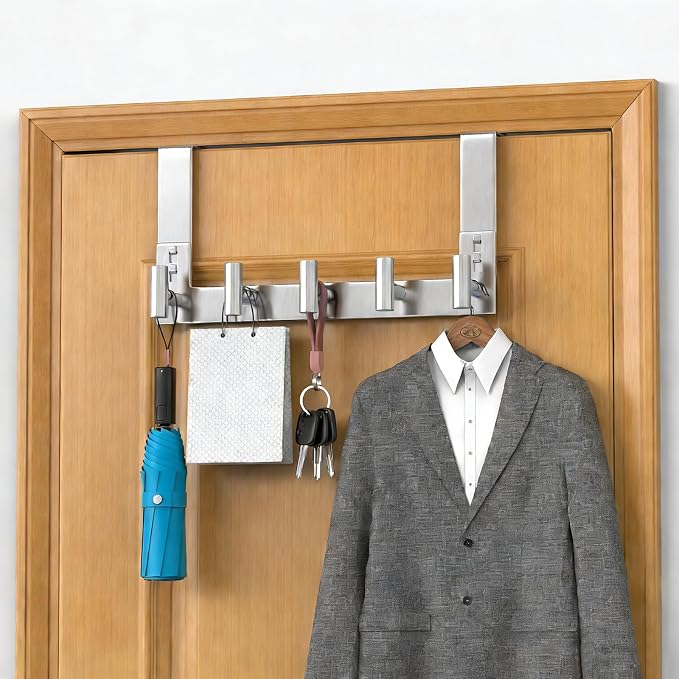 PMMASTO Door Hanger for 1-3/4 Inch Doors, Silver- 5 Hooks, T Shape | Stainless Steel Door Hooks Organize Coats Towels Robes in Bathrooms Bedrooms Closets