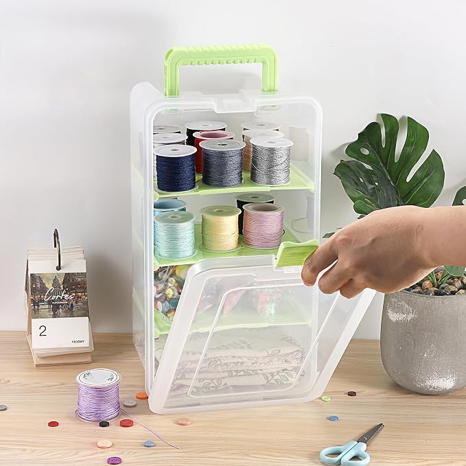 BTSKY Clear Plastic Dividing Storage Box with 4 Deep Compartment Sewing Box | 13.9x7.9x6.2 Inches Adjustable Storage Bin with Lid Portable Craft Container Multipurpose Art Supply Organizer Green