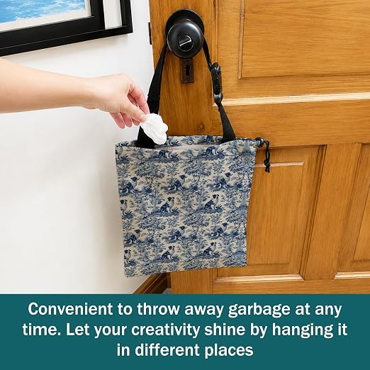 Chinoiserie Border Collie Car Trash Bag Hanging for Back Seat | Blue and White Dog Canvas Drawstring Car Garbage Bag with Adjustable Buckle Vehicle Trash Can