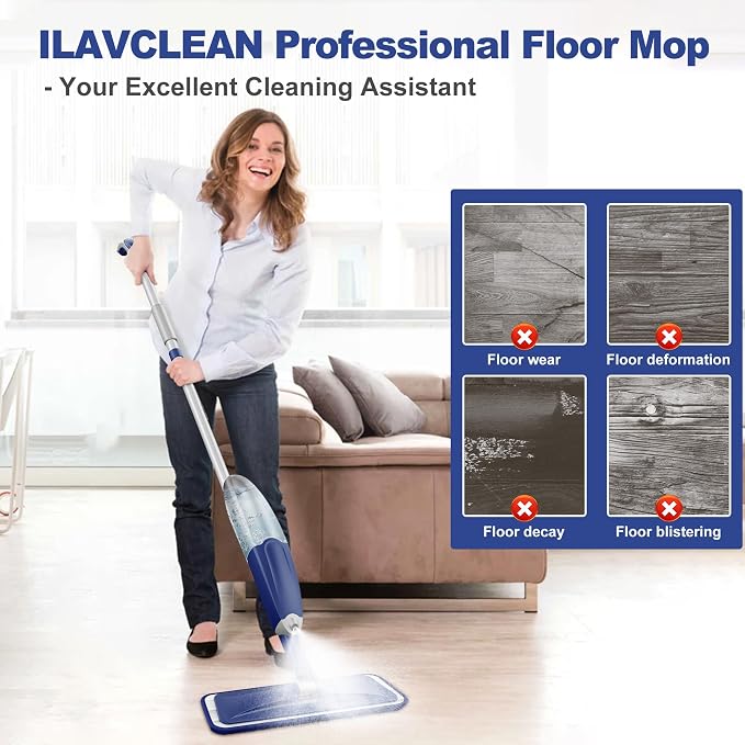 Microfiber Spray Mop for Floors Cleaning: Wet Dry Hardwood Floor Mops | 3 Washable Reusable Pads for Swiffer Powermop, Flat Mop with Sprayer, Hosewife Dust Mop for Tile Wood Laminate Vinyl Marble