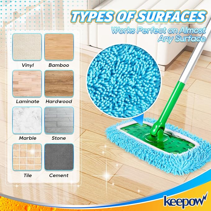 KEEPOW 6 Pack Reusable Microfiber Mop Pads Compatible with Swiffer Sweeper | Chenille, Multi-Color (2 White, 2 Green, 2 Blue) Dry Wet Mopping Refills, Bonus Laundry Bag