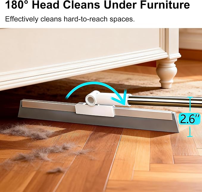 Floor Squeegee with 51"-58" Telescoping Handle & 180° Rotating Head, Water Removal for Tile & Hardwood, Under-Furniture Cleaning
