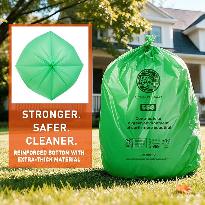 55-60 Gallon Compostable Trash Bags Liners, Heavy Duty Extra Thick 1.57 Mil, 208.2 Liter, 15 Bags, Lawn, Yard, and Restaurant Use, ASTM D6400, US BPI, OK Compost Home Certified