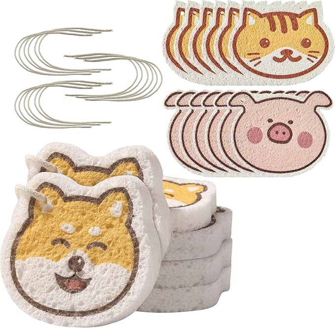 JOYMOOP Cartoon Kitchen Sponge, Non-Scratch Sponges for Dishes, Natural Cellulose Sponges for Cleaning, Reusable Sponge for Household Cleaning - 18 Pcs Mixed Pattern (Kitten, Doggy and Piggy)