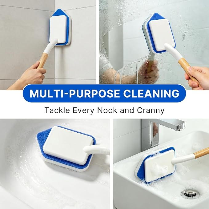 Silkyhose 2Pcs Tub Tile Scrub Brush,10 Melamine Sponge Replacement Heads | Non-Scratch. Versatile & Durable. Household Cleaner with Wooden Handle. Erasers for Grout, Sink & Shower Walls
