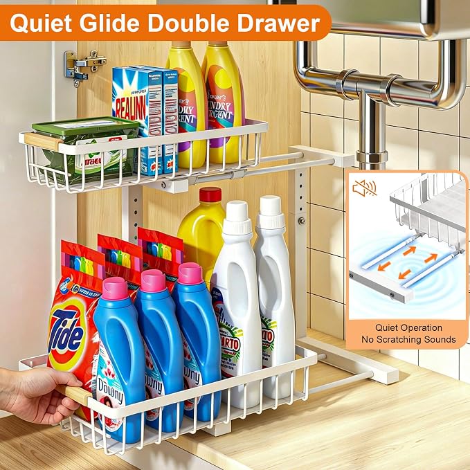 REALINN Under Sink Organizer, White 2 Pack Height Adjustable | 2 Tier Pull Out Drawer, Under Sink Organizers and Storage, Cabinet Storage for Kitchen Bathroom