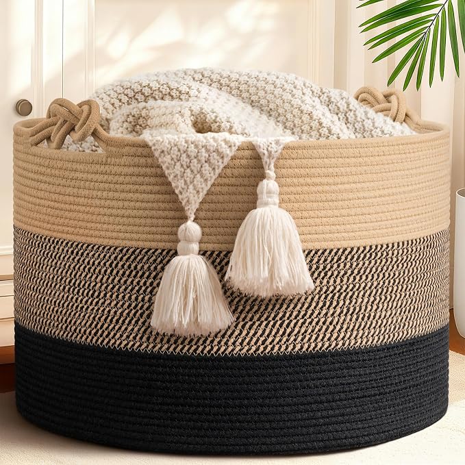 22"x22"x14" Large Blanket Basket, Home Décor for Living Room Bedroom, Decorative Wicker Woven Basket for Clothes, Toy Storage Basket for Kids, Camel Mix & Black