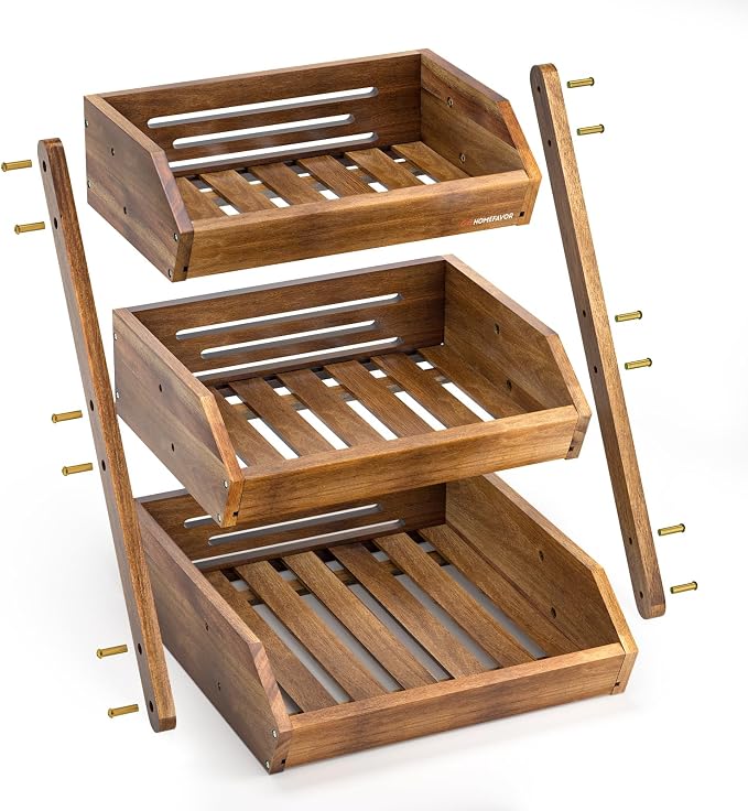 G.a HOMEFAVOR 3-Tier Acacia Wood Fruit Basket for Kitchen, Self-assembly | Large Fruit Bowl for Kitchen Countertop, Fruit Stand Storage Holder for Vegetables and Snack Home Organizer