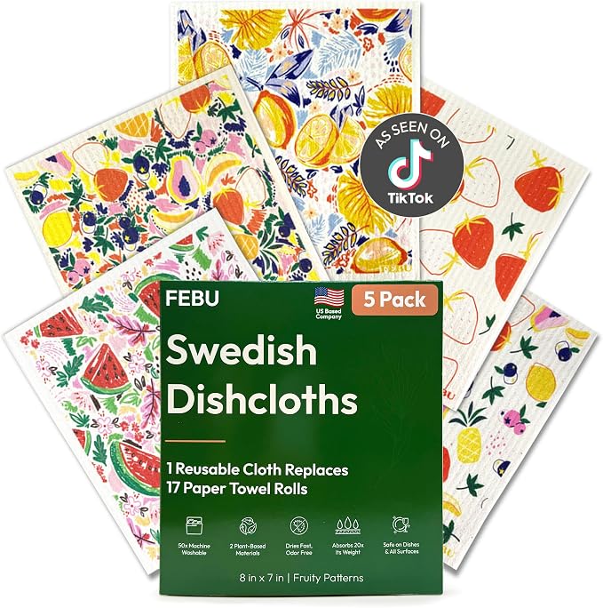 FEBU Swedish Dishcloths for Kitchen, 5 Pack, Fruit Pattern | Reusable Paper Towels Washable, Non-Scratch Cellulose Sponge Cloths, No Odor, Biodegradable