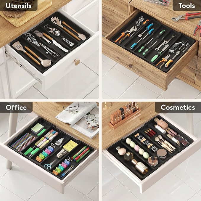 Lifewit Utensil Organizer for Kitchen Drawers, Expandable Utensil Tray | Adjustable Cooking Cutlery Silverware Flatware Holder, Plastic Spatula Tools Storage Divider, 11.5- 20 x 14.5", Black