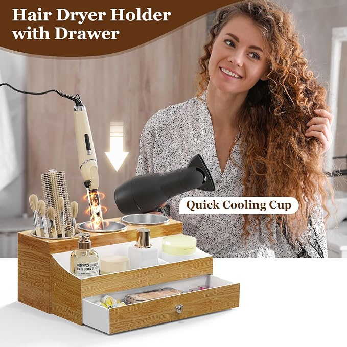 GFWARE Hot Hair Styling Tool Organizer with Drawer & 3 Cooling Cups, Wood | Hair Accessories Bathroom Vanity Storage, Hair Dryer, Blow Dryer, Curling Iron, Flat Iron, Hot Tools Cooling, Wood-Look