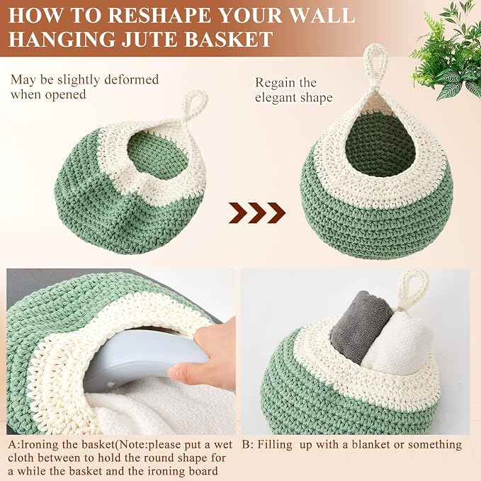 3 Hanging Baskets,White with Sage Green,Teardrop,Cotton Rope | Wicker Wall Baskets with Hooks for Fruit Vegetable Onion Storage, Teardrop Organizer for Kitchen, Boho Farmhouse Decor