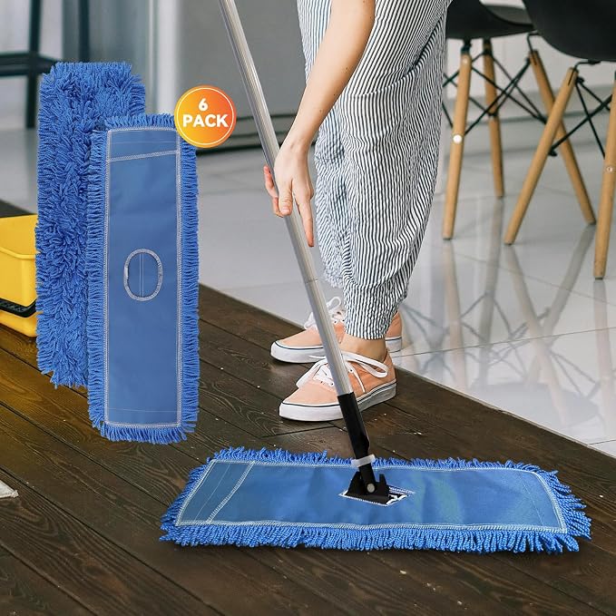 Commercial 36 Inch Dust Mop Head: Replacement Heavy-Duty Sweeper and Janitorial Industrial Dust Mop Head for Floor Cleaning, Office, School, Restaurant, Hospital (Blue - 6 Pack)