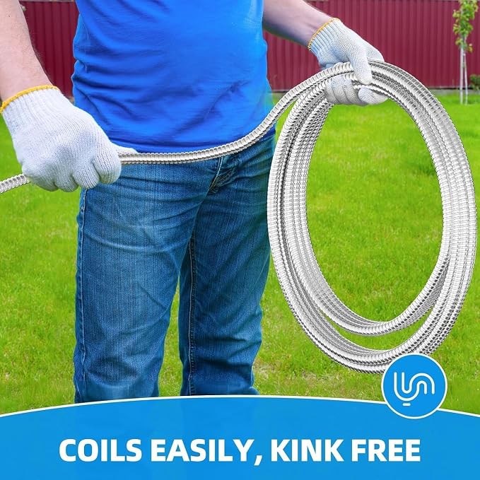 SPECILITE 50ft 304 Stainless Steel Metal Garden Hose with Independent Grip | Adjustable Brass Nozzle, 3/4" Solid Brass Connectors, Flexible, Puncture Resistant, Non-Expandable for Yard Outdoor Lawn
