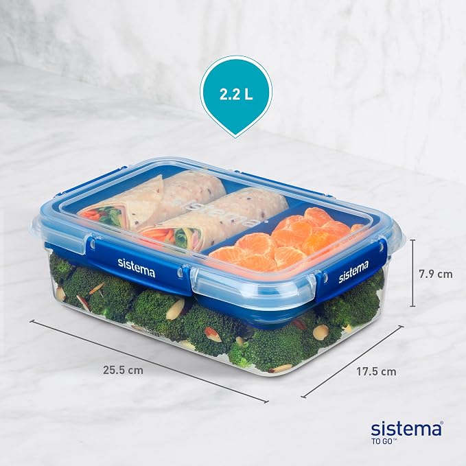 Sistema Stax To Go 2.2L Rectangular Food Storage Container, Airtight, Leakproof, Bento Box Style with Double Tray, Made with Food Grade Material, Blue or Teal