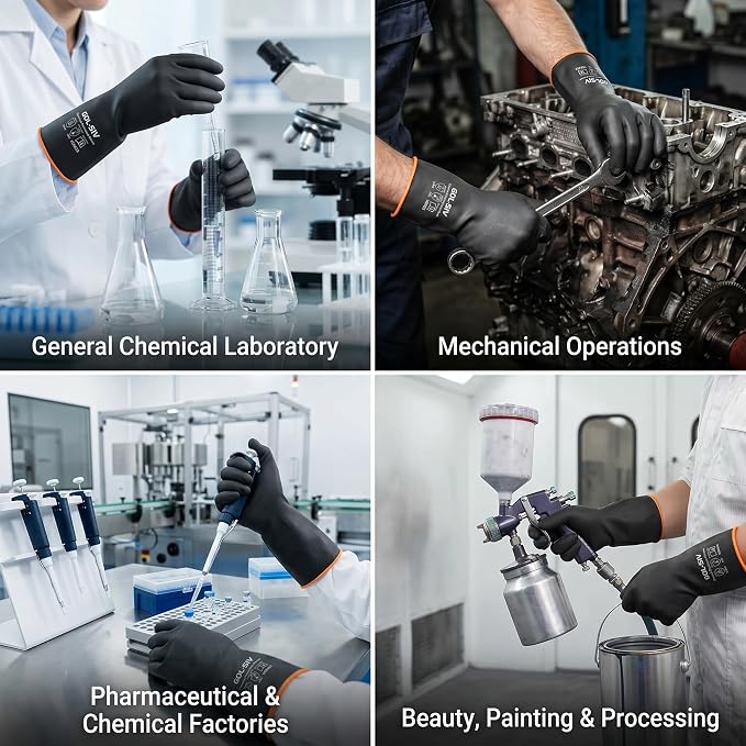 Chemical Resistant Gloves, Heavy Duty Latex Work Gloves - Waterproof, Resist Acid, Oil, Alkali - Industrial Rubber Dishwashing Gloves for Masonry & Car Detailing, 14in, 6 Pairs