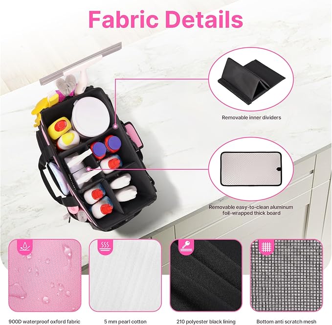 JKAOO Large Wearable Cleaning Caddy Bag with Handles, Pink | Adjustable Shoulder & Waist Straps, Removable, Waterproof Tote for Cleaning Supplies, Home, Car, Office