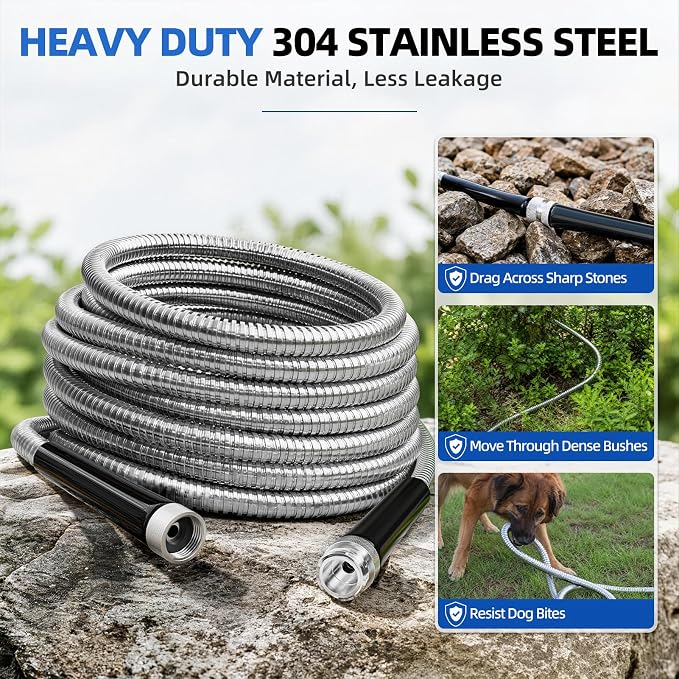 SPECILITE 125ft 304 Stainless Steel Metal Garden Hose with Blue Nozzle | Puncture Resistant, Flexible, Never Kink & Tangle, Heavy Duty Water Pipe for Yard, Outdoor, Lawn