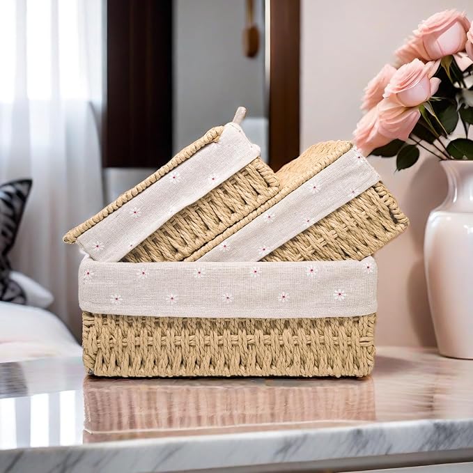 GIB Small Wicker Storage Baskets with Lid/Liner Woven Cute Decorative Boxes | Boho Paper Rope Baskets for Shelves Table Desktop Organizing, Bathrooom Makeup Organizer Storage Bins Container, Set of 3
