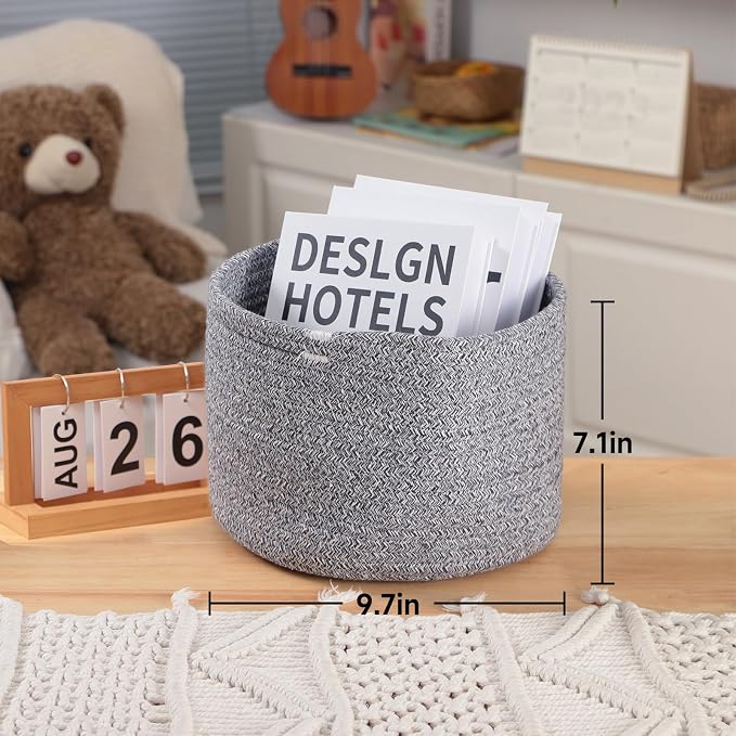 MiniArk Small Basket for Organizing | Cube Shelf Closet Storage Baskets | 9.7×9.7×7.1” | Woven Rope Gift Basket | Nursery | Round 3 Packs Mixed Grey