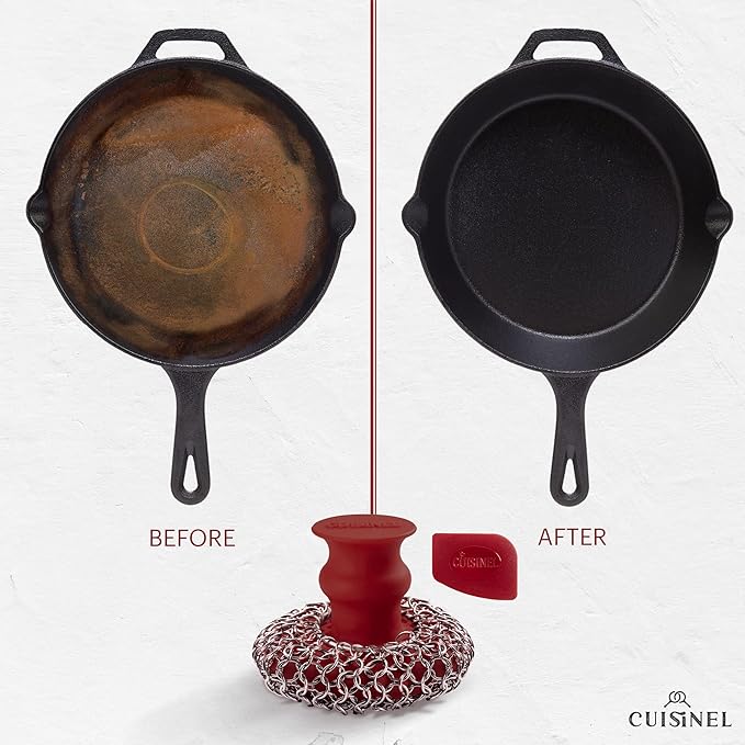 Cast Iron Chainmail Scrubber + Pan Scraper - Ergonomic Stainless and Silicone Cleaner for Pots and Skillets - Premium Food-Safe Design - Easy to Clean Dishwasher Safe Cookware Sponge Kitchen Accessory