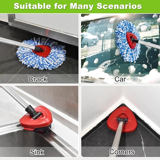 Spin Mop Handle, Mop Replacement Heads,Brush,Base Compatible with OCedar RinseClean 2 Tank,Inclued 2 Microfiber Mop Heads,1 Mop Base,2 Brush and 4-Section Mop Handle for Ocedar,Use for Floor Cleaning