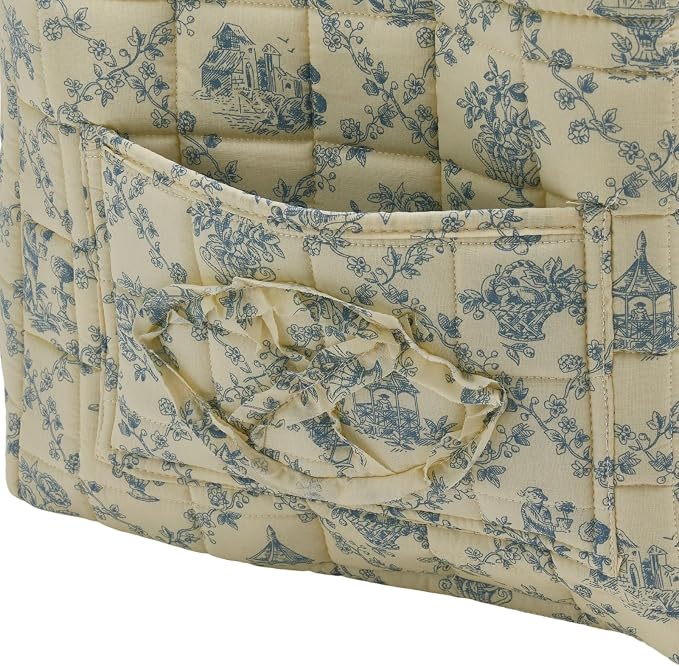 Quilted Fabric Storage Basket with Handles & Pocket, Foldable Laundry Hamper Boho Floral Print Organizer Bin for Home, Picnic, Office 12"x10"x10" (B-3)