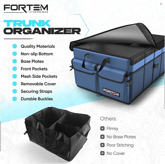 FORTEM Trunk Organizer - Foldable Car Organizer & Storage for SUVs & Trucks | Car Accessories for Men Women, Collapsible Bag, Non Slip Bottom, Straps, Soft Cover, 600D Oxford, Blue, 3 Compartments, 50L