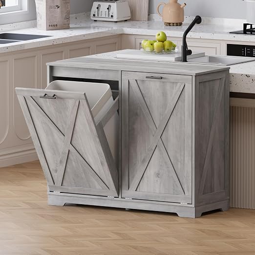 Double Tilt Out Trash Can Cabinet, Wooden Farmhouse Kitchen Garbage Bin Enclosure with Negative Ion Odor Control, Hidden Dog Proof Trash or Laundry Basket Storage for Laundry Room, Grey