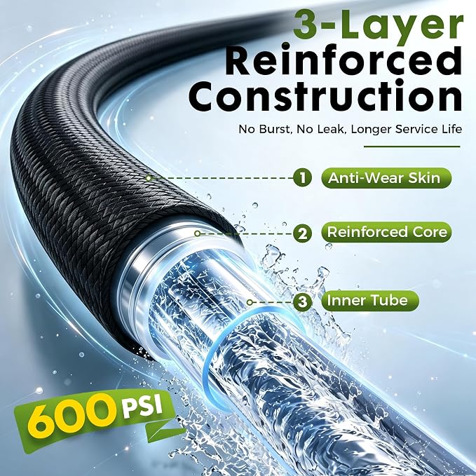 Garden Hose 25FT, Lightweight Flexible Water Hose | Solid Brass Fittings,10 Function nozzle, Wear Resistant, Non-Expandable, Yard, Lawn, Car Washing