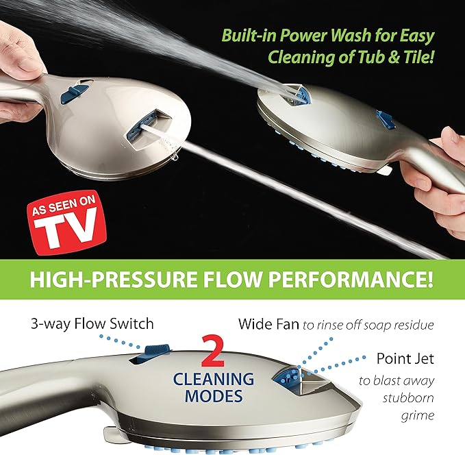 AquaCare 8-mode High Pressure Handheld Shower Head with 2-mode Power Wash | Stay Clean Nozzles, Dual Power Wash for Tub, Tile & Pets, Long 6 ft. Stainless Steel Hose, Wall & Overhead Brackets / Nickel