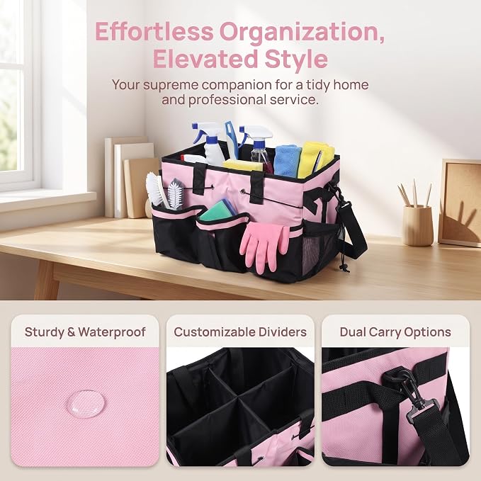 Large Capacity Portable Housekeeping Tote Bag with Adjustable Shoulder Strap and Handle, Oxford Cloth Cleaning Caddy with Detachable Divider and Multi Pocket Design for Hotels