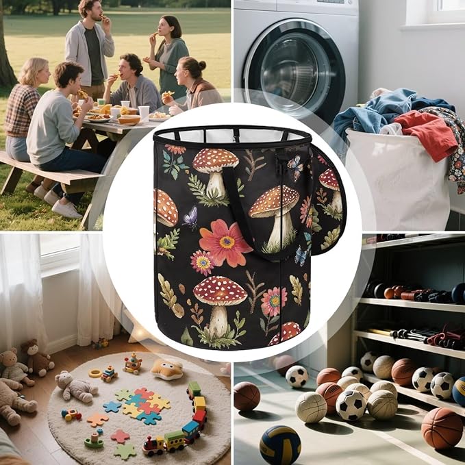 Mushroom Leaf Print Collaspible Trach Can wtih Lid and Handles 24 Gallon Large Capacity Trash Can for Yard Picnic Camping Garden Leaf Bin Reusable Waster Bags