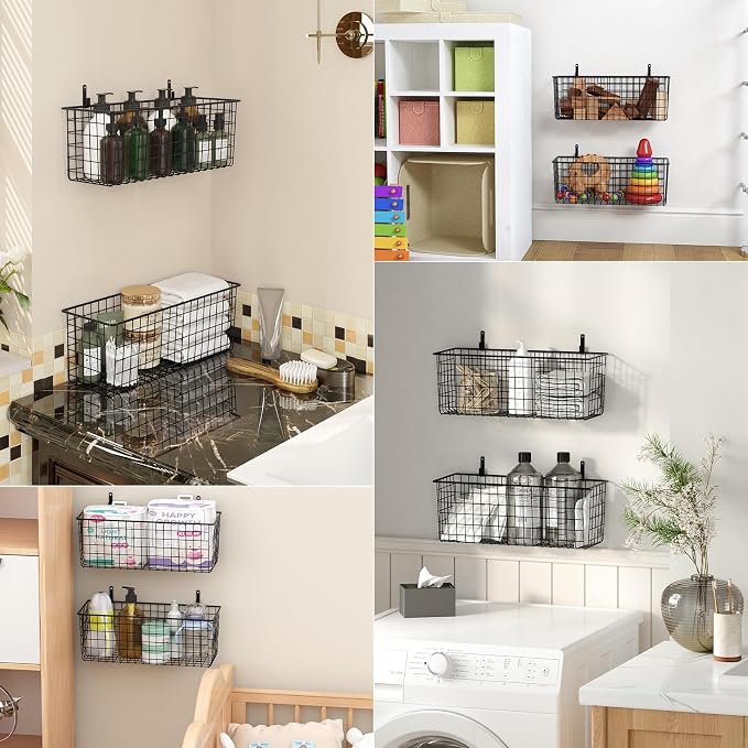 2 Sets Black Extra Large Hanging Wall Basket with Steel Hooks | Metal Wire Baskets for Organizing, Wallmounted Fruit Vegetable Toy Snack Storage, Home Kitchen Bathroom Laundry Pantry