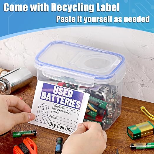 BTSKY Battery Recycling Container with Lid for Household Batteries, Blue | Battery Disposal Container 1.3 L Capacity Dry Cell Storage Recycling Bin with Label for Home Use, Office, Garage