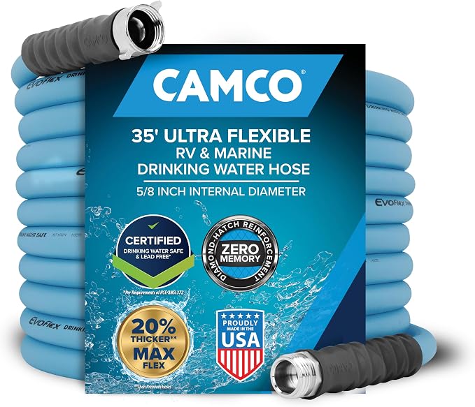Camco EVOFlex 35-Ft RV Drinking Water Hose - Features Extra Flexible Design w/Stainless Steel Strain Relief Ends - Lead-Free, BPA-Free and Phthalate-Free - 5/8” Inside Diameter (22595)