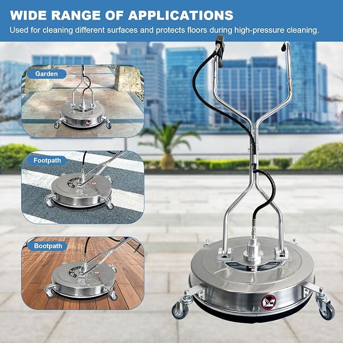 24-inch Stainless Steel Pressure Washer Surface Cleaner, Heavy Duty 4-Wheel Driveway & Concrete Cleaner Attachment, Commercial-Grade 4900 PSI for Patios, Sidewalks, Decks