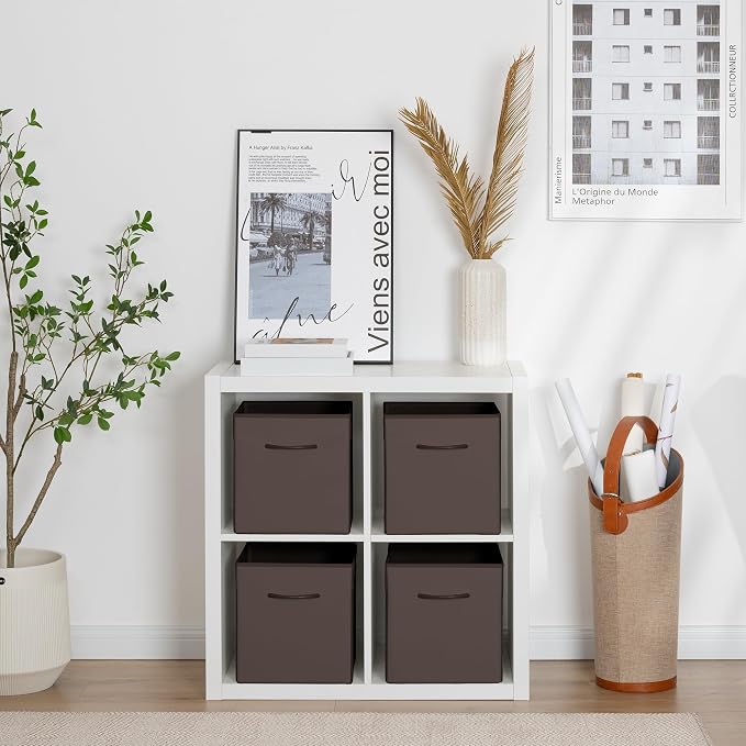 StorageWorks 11in Leather Storage Cubes, Cube Organizer Bins, Brown, 4-Pack | Reinforced Handle & Front Panel, Faux Leather Front, Non-woven Fabric, Collapsible, Space-Saving, For Closet, Bedroom, Office