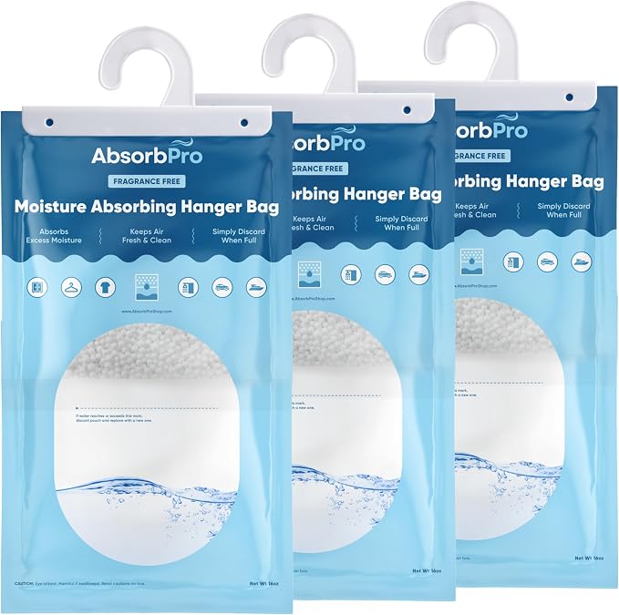 Absorb Pro - Moisture Absorbing Hanger Bag Fragrance Free - 3-Pack - 16 oz Hanging Dehumidifying Packs for Home, Kitchen, Bedroom, Bathroom, Closet, Small Rooms, Cars