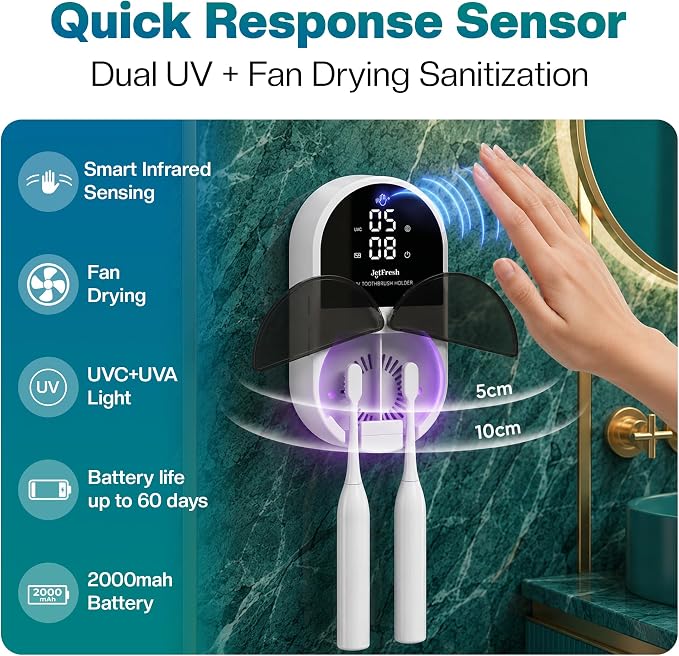 Jetfresh UV Toothbrush Sanitizer and Holder with Fan Drying | Wall Mounted UV-C Toothbrush Cleaner | Tooth Brush Sanitizer Holder Auto Shut-Off, USB Rechargeable, Fits All Brushes.