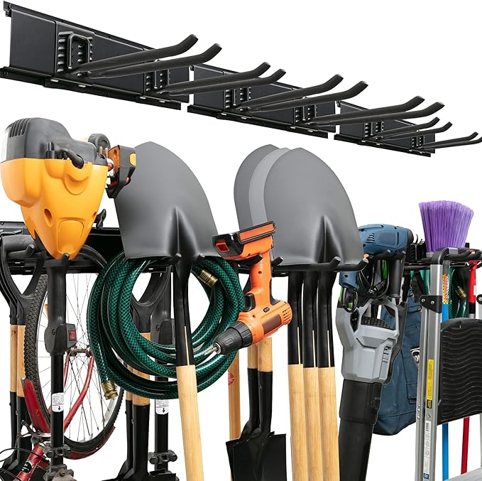 Garage Tool Organizer Wall Mount - 48 inches - Sturdy Storage Rack with Adjustable Hooks, Anti-Rust - Easy Installation, 300lbs Capacity - Garden Tool Organizer (03 Racks & 06 Hooks) | 300 lbs, anti-rust carbon steel, garden tool organizer & storage ra...