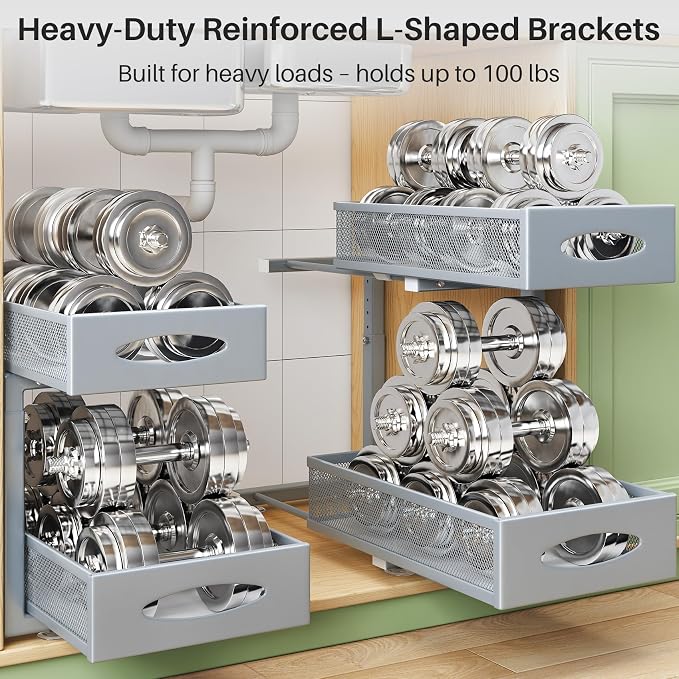 1 Pack Under Sink Organizer, 2 Tier Pull out Cabinet Organizer Mesh Baskets with 5 Adjustable Heights, Sliding Drawers Storage Shelf for Home, Kitchen, Bathroom, Pantry, Office, Countertop ,Grey