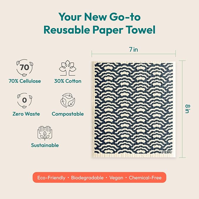 FEBU Swedish Dishcloths for Kitchen, 5 Pack, Eastern | Reusable Paper Towels Washable, Swedish Dish Towels, Non-Scratch Cellulose Sponge Cloths, No Odor