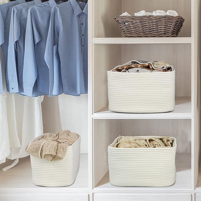 XUANGUO Woven Cotton Rope Storage Baskets 15x10x9.3" 3 Pack White | Decorative rectangular storage baskets for shelves and closets; storage bins organize clothes, toys, books and nursery items.