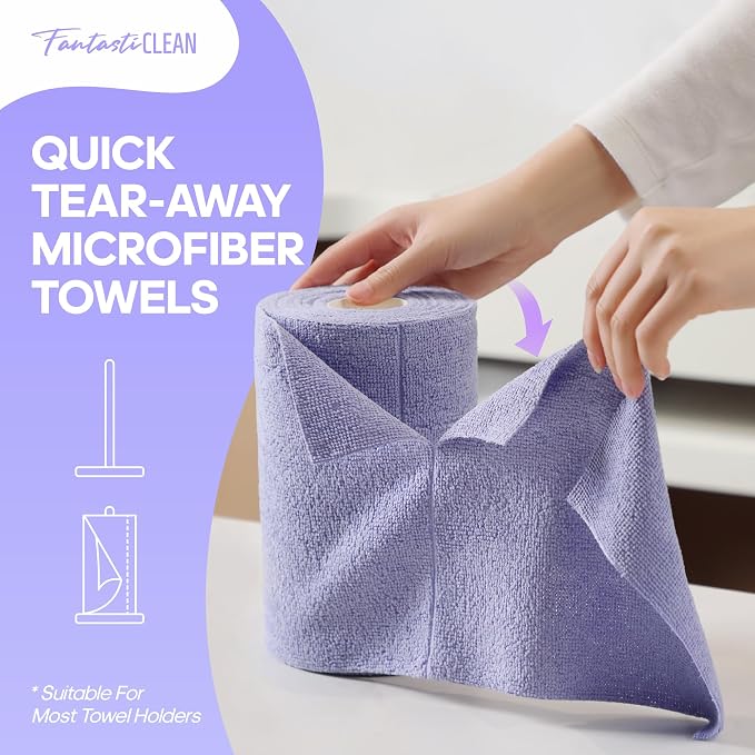 Fantasticlean Microfiber Cleaning Cloth Roll 240Pack, Pink and Light-Purple | Tear Away Towel Roll 8" x 8", Reusable Paper Towels, Rags for Kitchen, Pet, Dust, Car, Office, Cleaning Supplies, 4 Rolls
