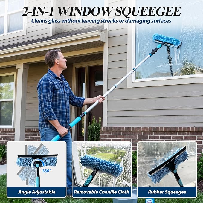 COVERONICS 30FT High Duster Cleaning Tools with 6-24FT Extension Poles | Reusable Fan Duster Cleaning Kits with Ceiling Fan Cleaner Duster, Window Squeegee, Microfiber Feather Duster & Cobweb Duster