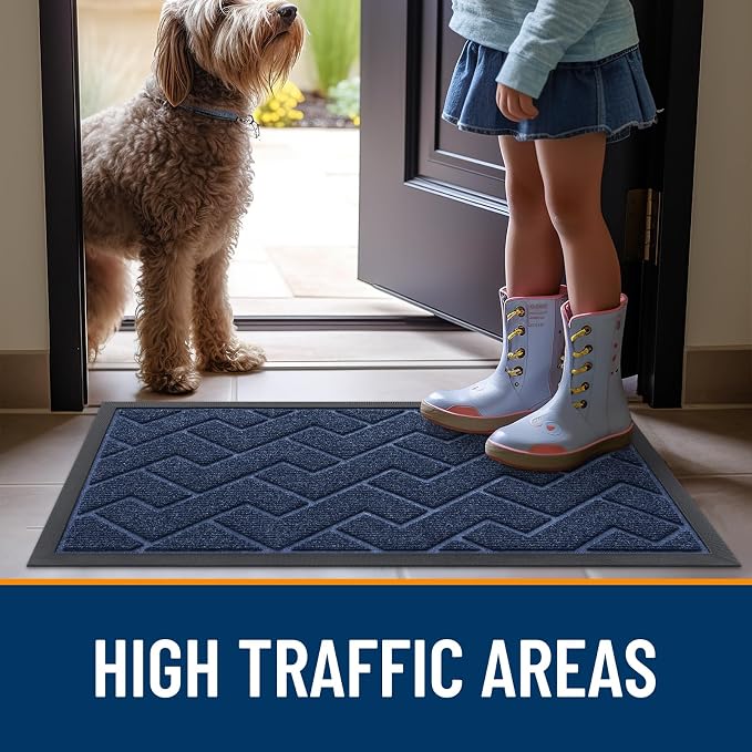 OLANLY Front Door Mat Outside 47x23, All-Season Absorbent Rubber Doormat | Blue, Heavy-Duty, Stain and Fade Resistant, Waterproof Non-Slip Backing, Low-Profile Indoor Outdoor Floor Mat for Entryway