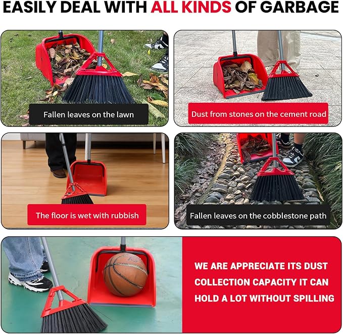 2 Pack Heavy Duty Broom and Dustpan Set,Indoor Outdoor Sweeping Kit,Red | 14"x14" Jumbo Large Capacity Dustpan & 14" Wide 54" Long Handle Broom, for Home Kitchen Yard Restaurant Garage Cleaning