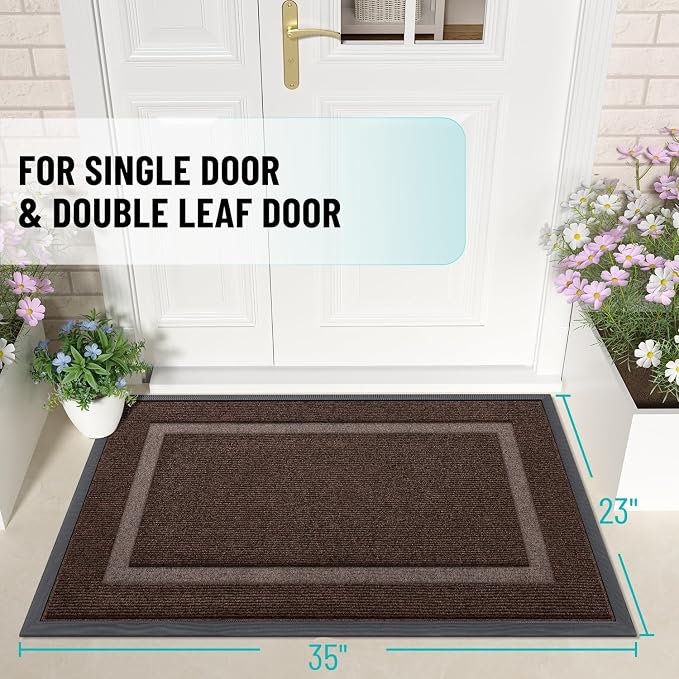 OLANLY Front Door Mat Outside 35x23, All-Season Heavy-Duty Rubber Doormat | Dark Brown, Absorbent, Stain Fade Resistant, Waterproof Non-Slip Backing, Low-Profile Indoor Outdoor Floor Mat for Entryway